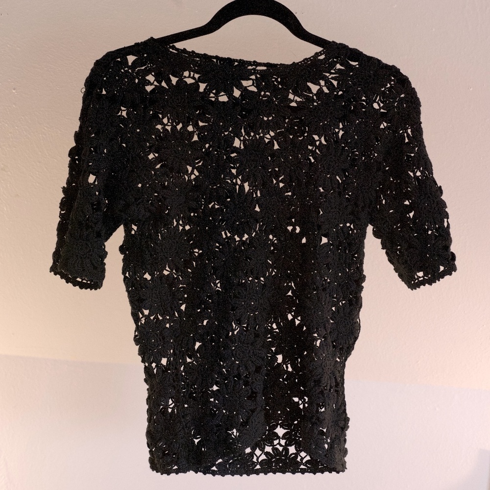 Black Flower Crochet Top See-through Layering 60s
