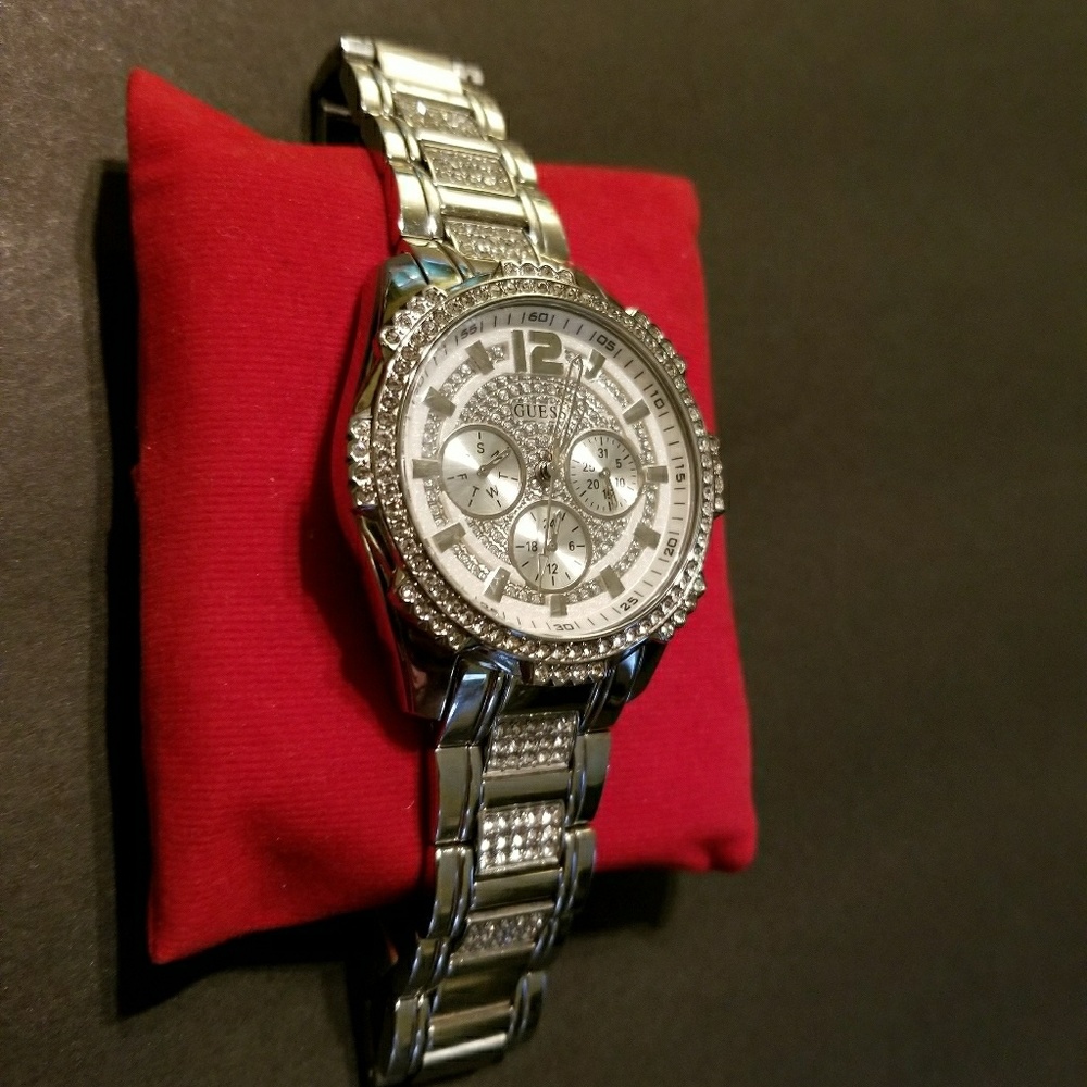 Guess silver diamond studded watch in Guess pouch