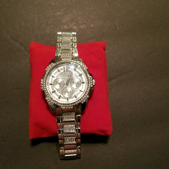 Guess silver diamond studded watch in Guess pouch main image 6