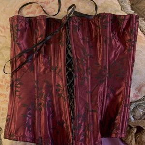 Raspberry Satin Corset Black Floral Embroidered