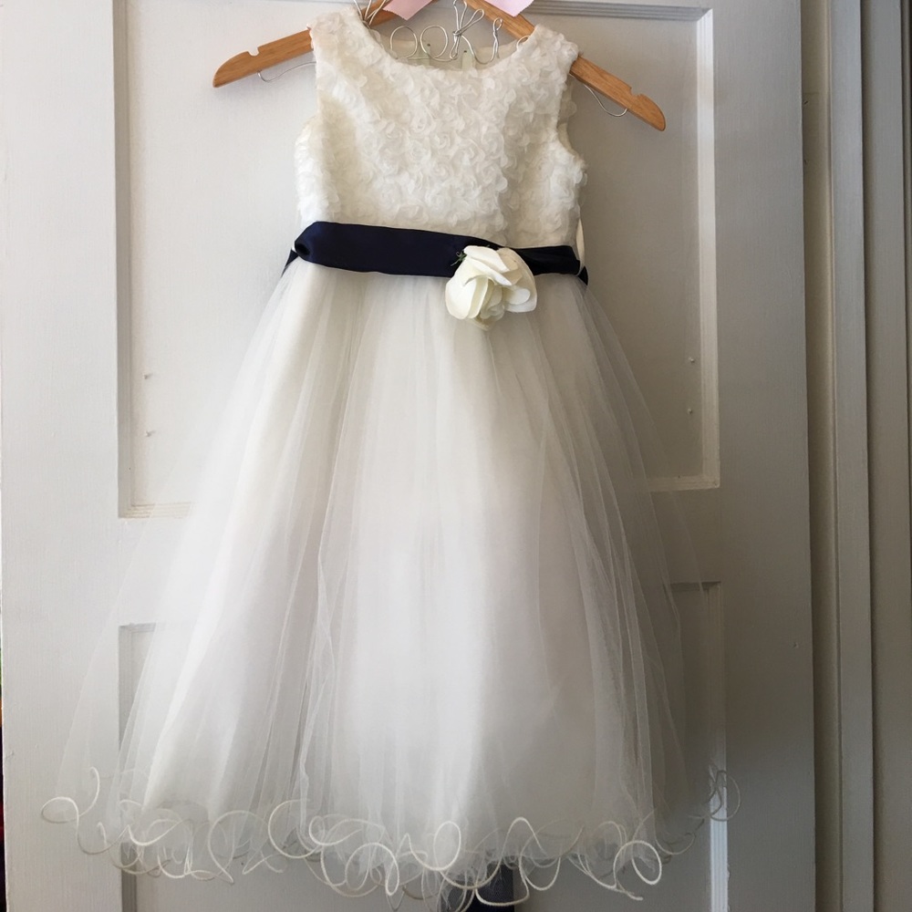 Flower girl dress with navy blue ribbon/belt
