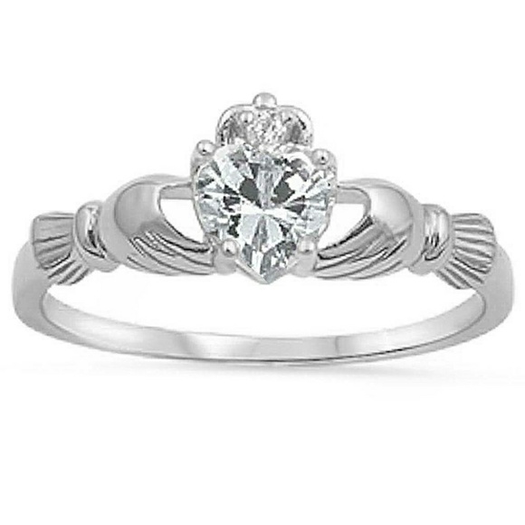 Sterling Silver 925 Claddagh Ring with Clear CZ - Picture 1 of 3