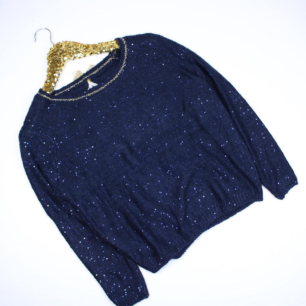 Blue Gold and Lace Details Sequined Sweater