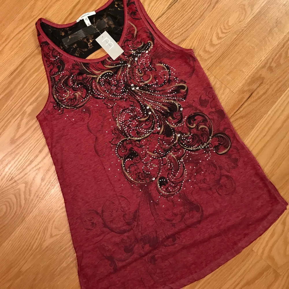 Sleeveless red top with black lace top