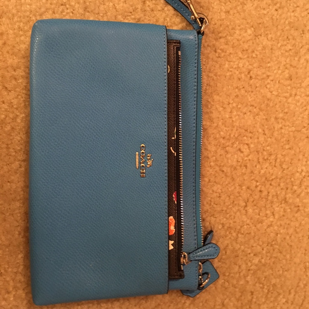 Coach pop out black floral pouch blue wristlet