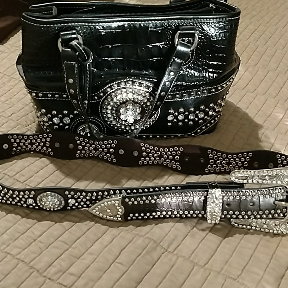 Matching rhinestone purse and belt set