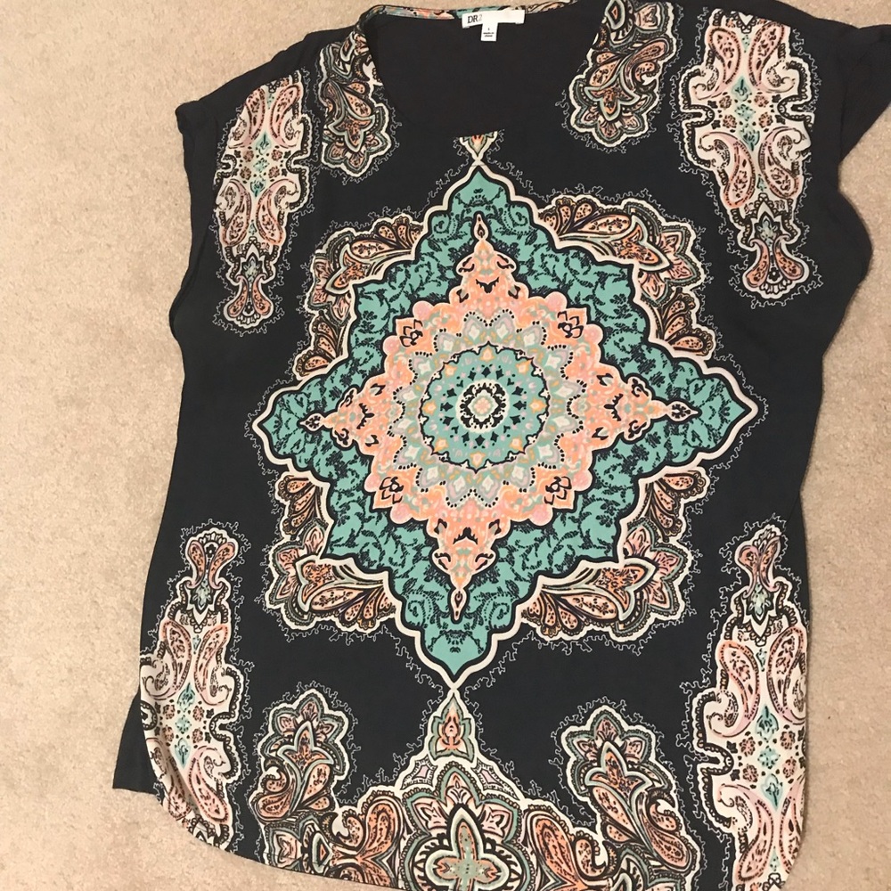 Navy/Teal Paisley print blouse, Size L