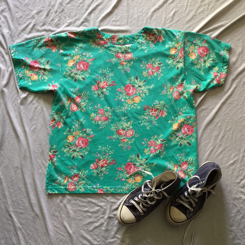 Vintage Turquoise Floral Boxy T Shirt