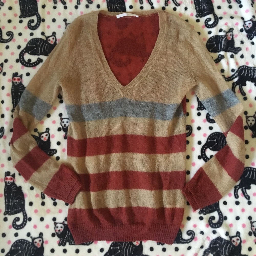+ Thakoon Mohair thin knit striped Vneck sweater