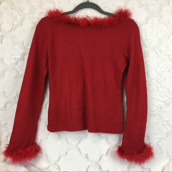 Vintage Red Marabou Fur Trim Long Sleeve Shirt - Picture 2 of 3