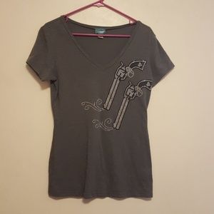 Rhinestone Pistol V Neck Shirt