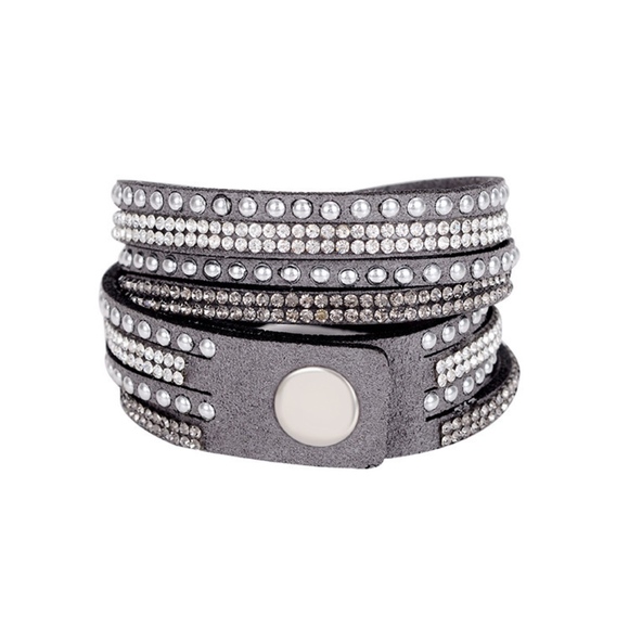 Silver Studded Crystal Gray Leather Wrap Bracelet - Picture 2 of 5