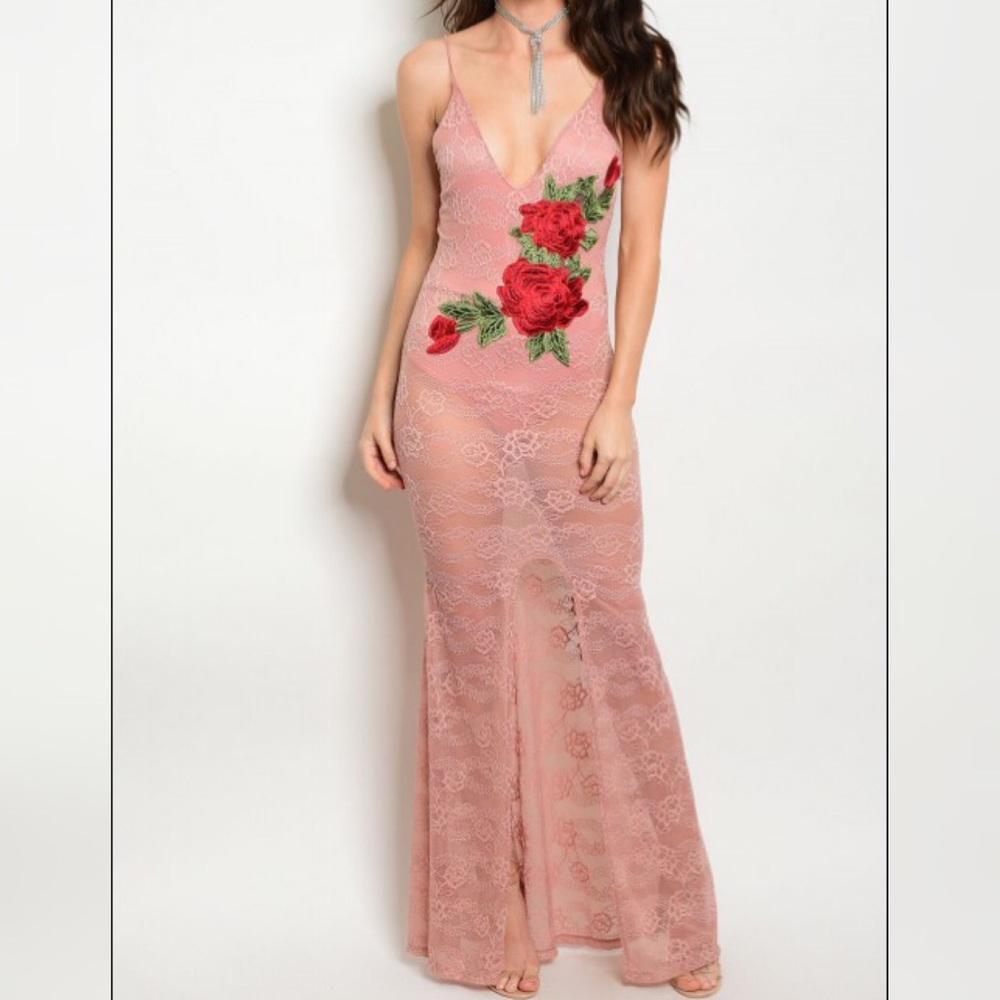Sale Pink Lace Red Rose Dress
