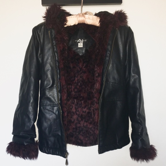 Andy Johns Jackets & Blazers - Faux Leather Jacket w Purple Leopard Faux Fur Trim