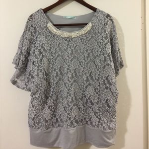 Grey Lace Top with Pearl Neck