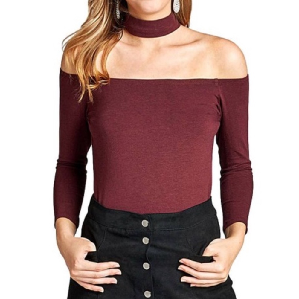 Burgundy Choker Off-the-Shoulder Top