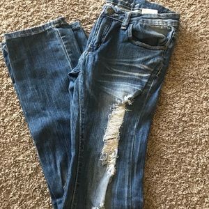 Machine distressed boot-cut jeans, size 9 (30)