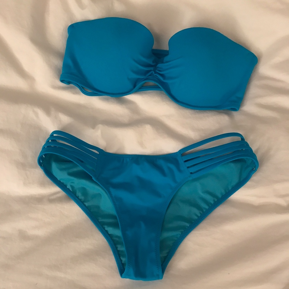 Blue Strapless String Bikini Top And Bottom - image 1