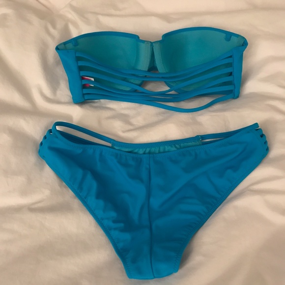 Blue Strapless String Bikini Top and Bottom - Picture 3 of 3