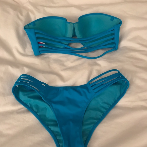 Blue Strapless String Bikini Top and Bottom - Picture 2 of 3