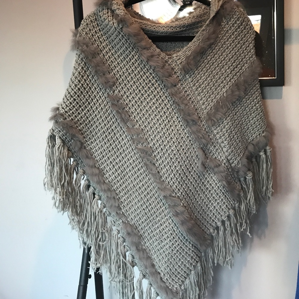 Womens knit poncho with fur accents