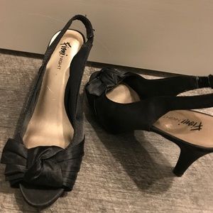 Black satin open toed sling backs!