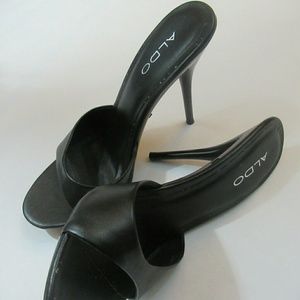 open toe black mules heels