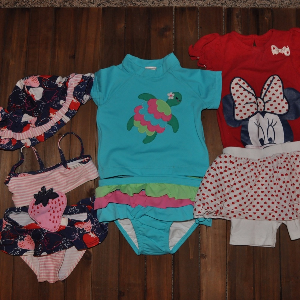 2 6mo Bathing Suits & a Minnie Mouse Outfit, too