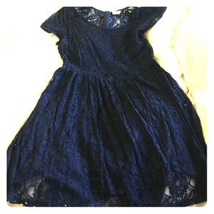 Navy blue lace short sleeve dress.