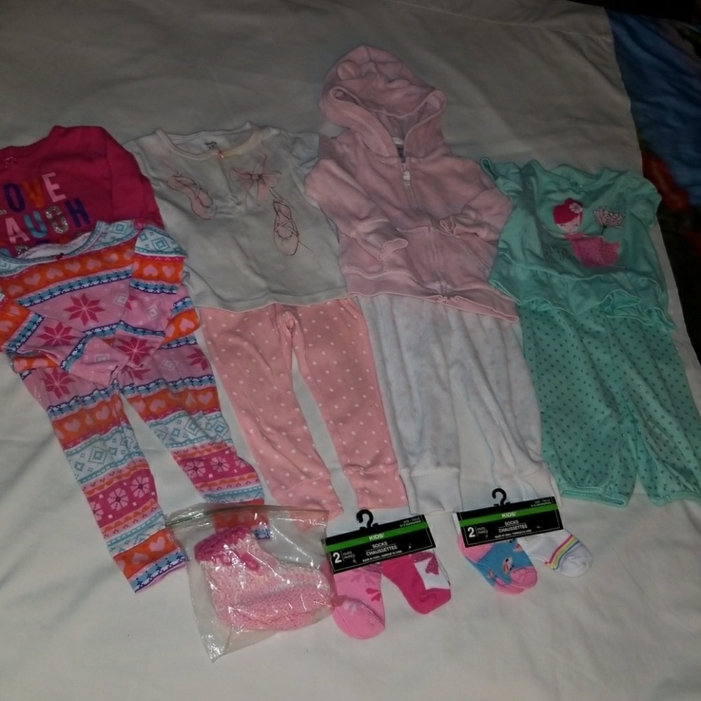 4 girl sets, socks and a pair  of homemade booties