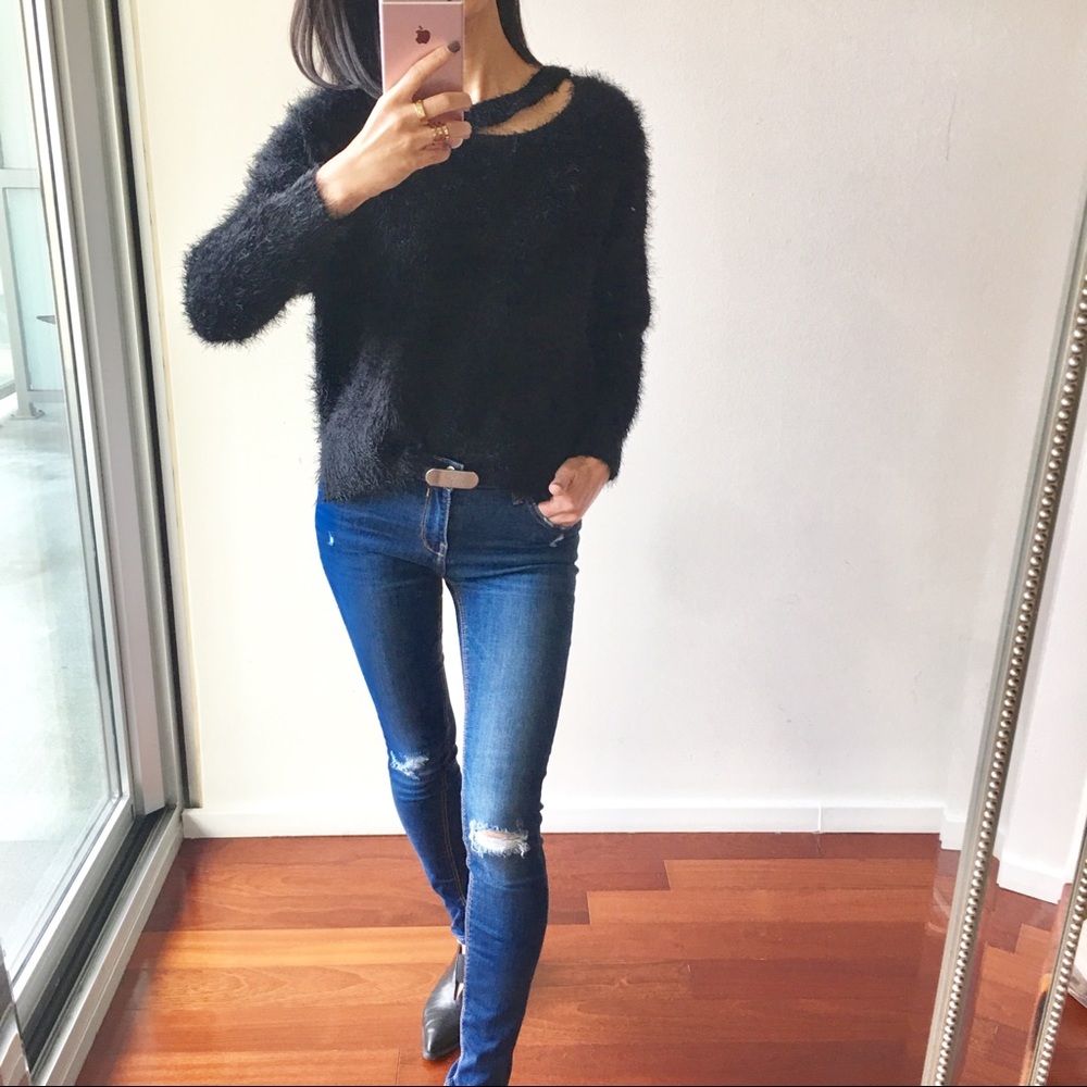 1 LEFT L: Fluffy Black Cozy Sweater w Neck Cut-Out