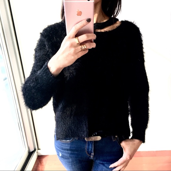 1 LEFT L: Fluffy Black Cozy Sweater w Neck Cut-Out - Picture 2 of 5
