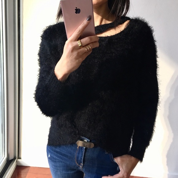 1 LEFT L: Fluffy Black Cozy Sweater w Neck Cut-Out - Picture 3 of 5