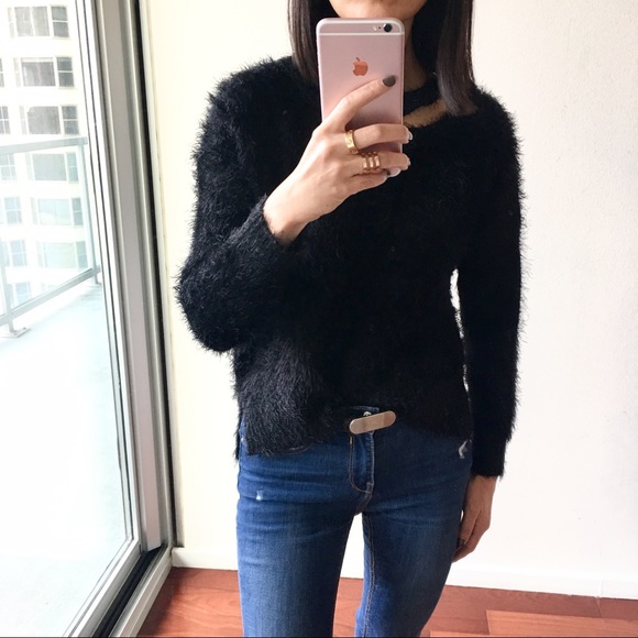 1 LEFT L: Fluffy Black Cozy Sweater w Neck Cut-Out - Picture 4 of 5