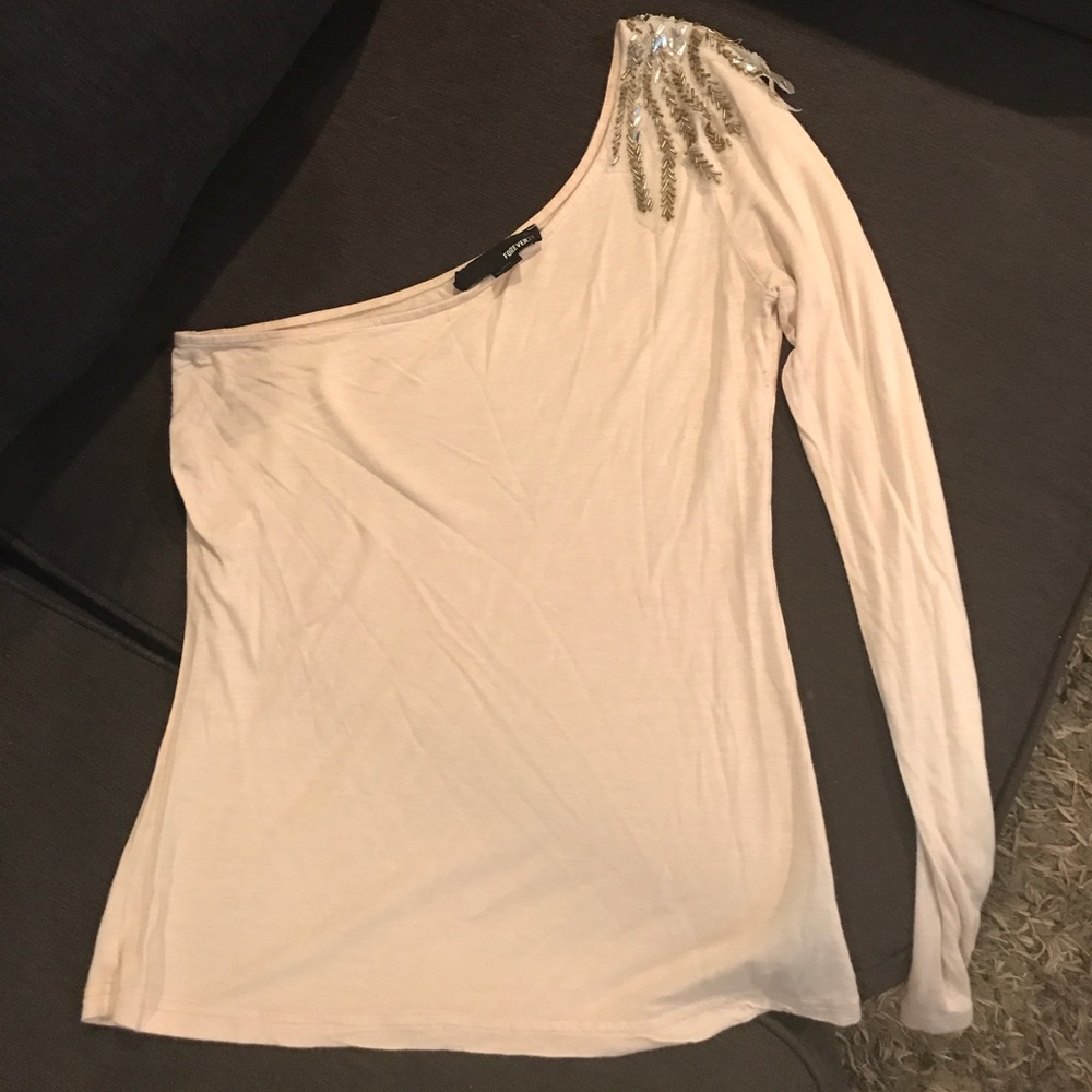 One shoulder beige top. Size Medium.