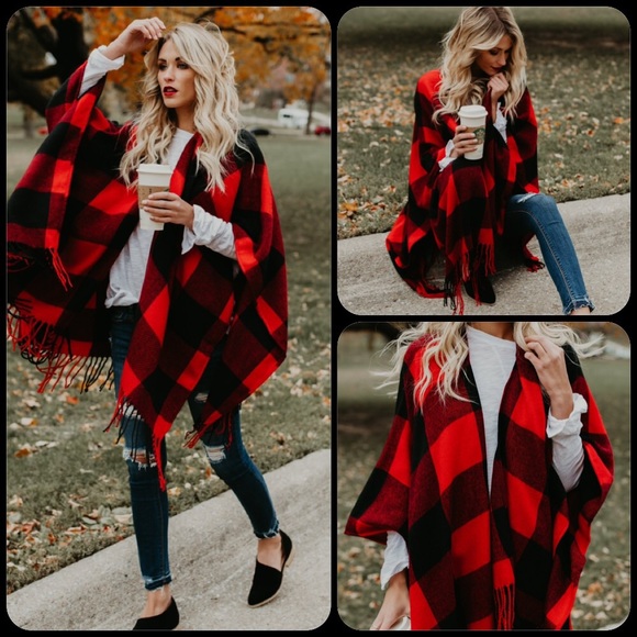 Buffalo Check Red & Black Poncho - Picture 3 of 8