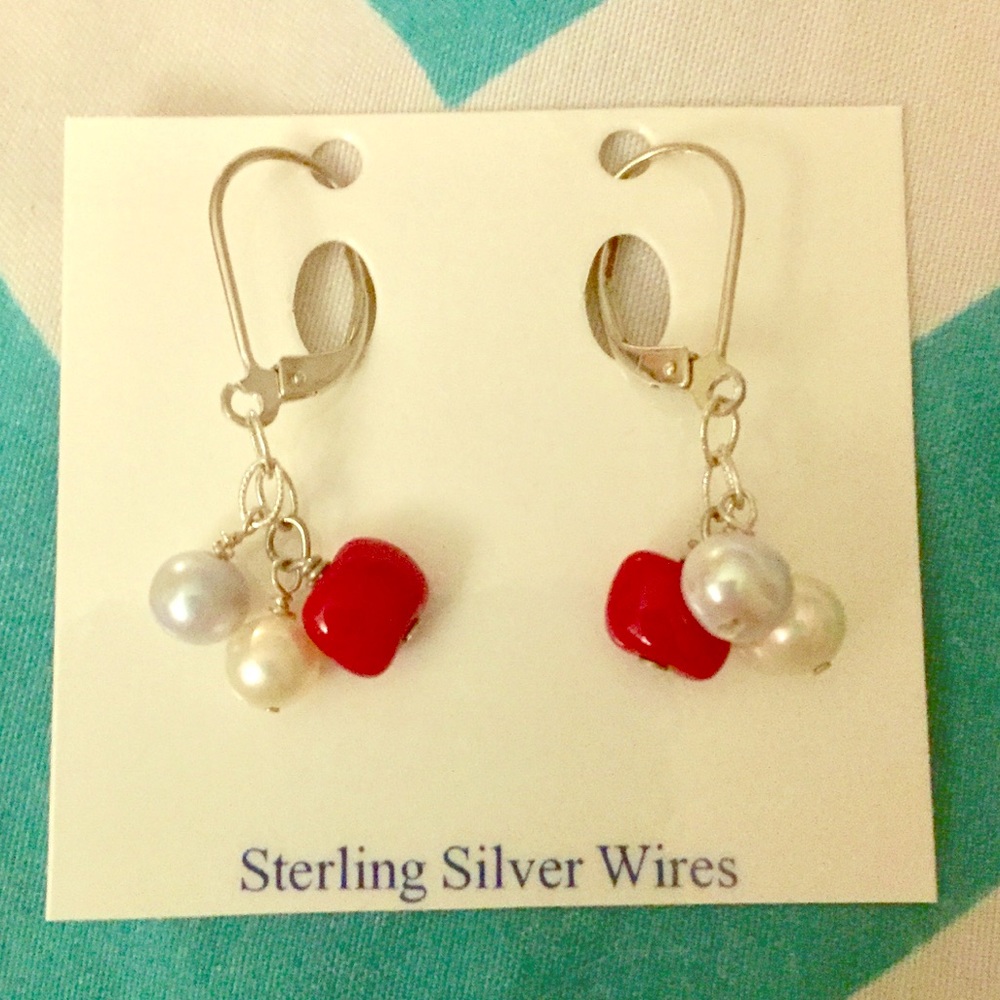Sterling Silver Earrings: pearls and cherry beads