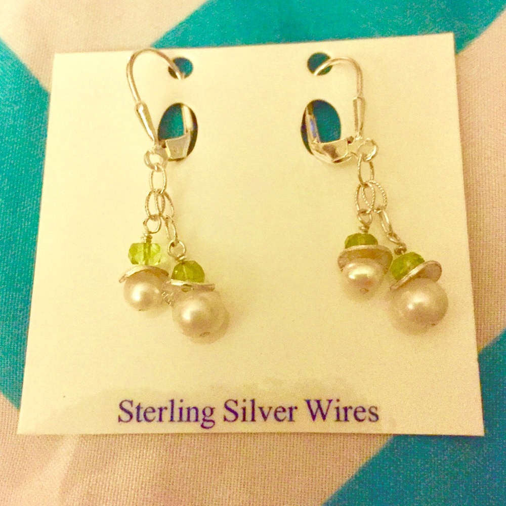 Sterling Silver Earrings: pearls and green beads