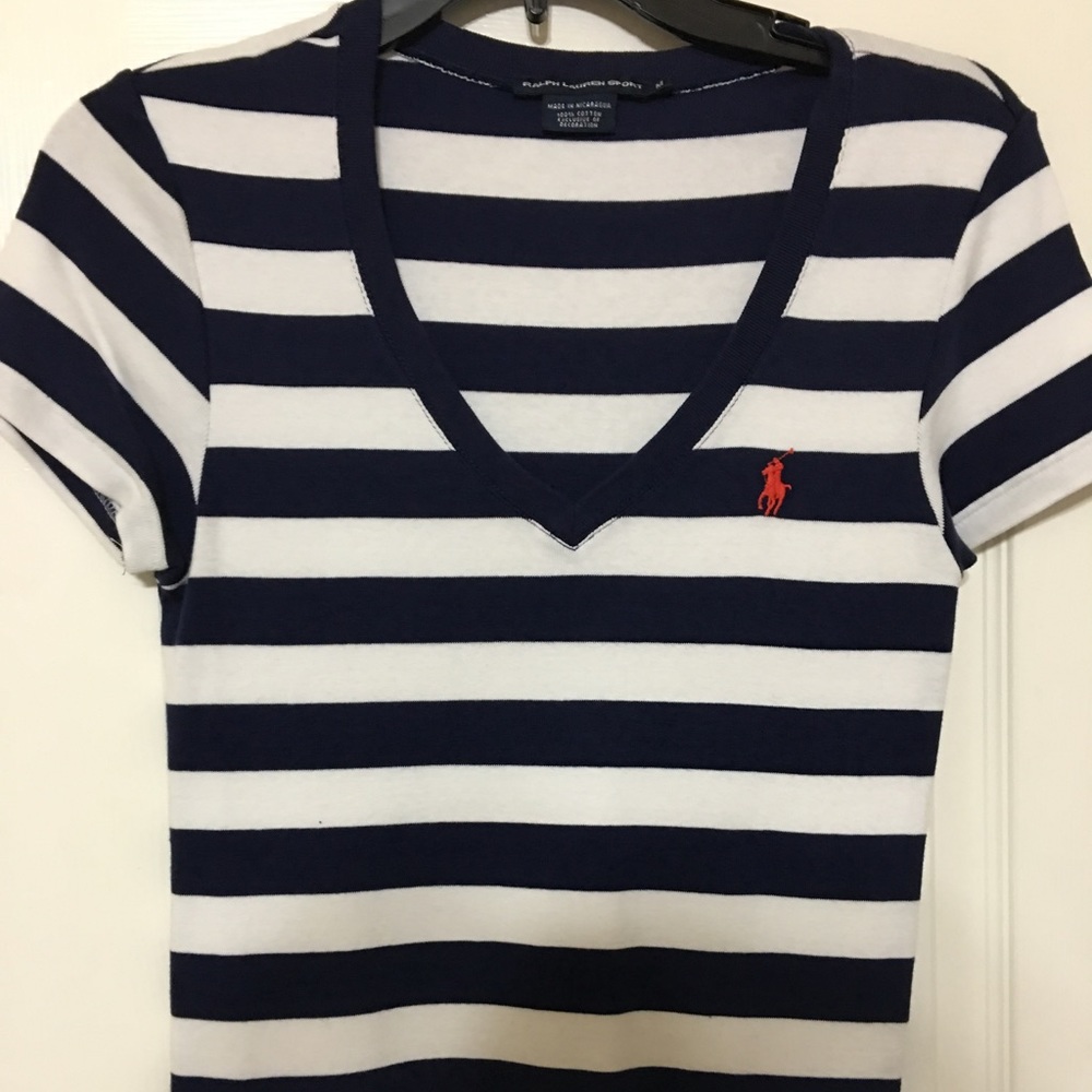 AUTH Ralph Lauren Sport Striped TShirt Navy White