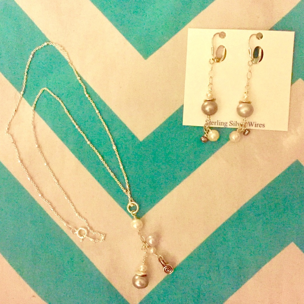 Sterling Silver Earrings and Necklace: gray pearls
