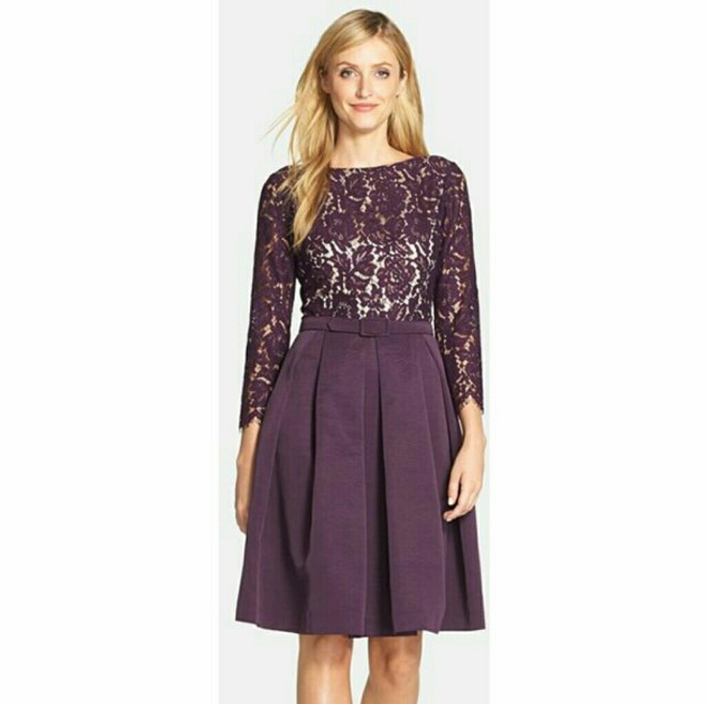 Eliza J | Purple Pleated Faille & Lace Dress