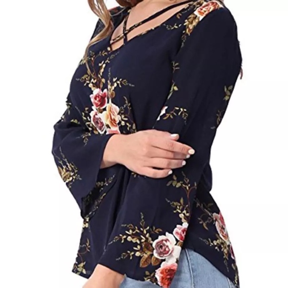 New Flare Sleeve Navy Floral Caged Top - Picture 3 of 3