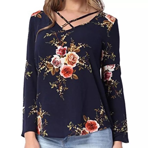 New Flare Sleeve Navy Floral Caged Top - Picture 2 of 3