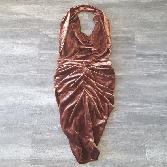 Chocolate Velvet Classic Ruched Halter Midi - Picture 5 of 6