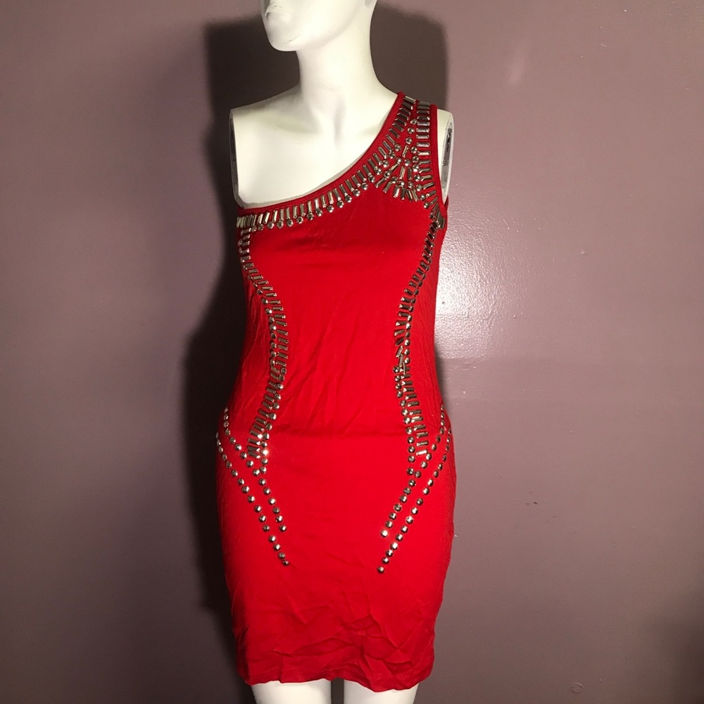 RED STUDDED-ONE SHOULDER DRESS