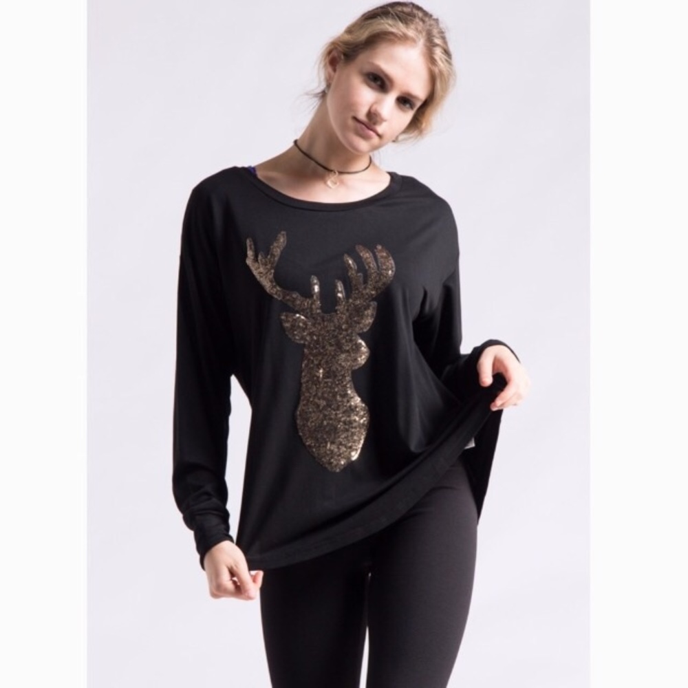 Reindeer Gold Sequin Long Sleeve Top NEW
