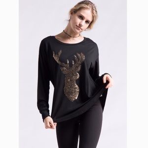 Reindeer Gold Sequin Long Sleeve Top NEW