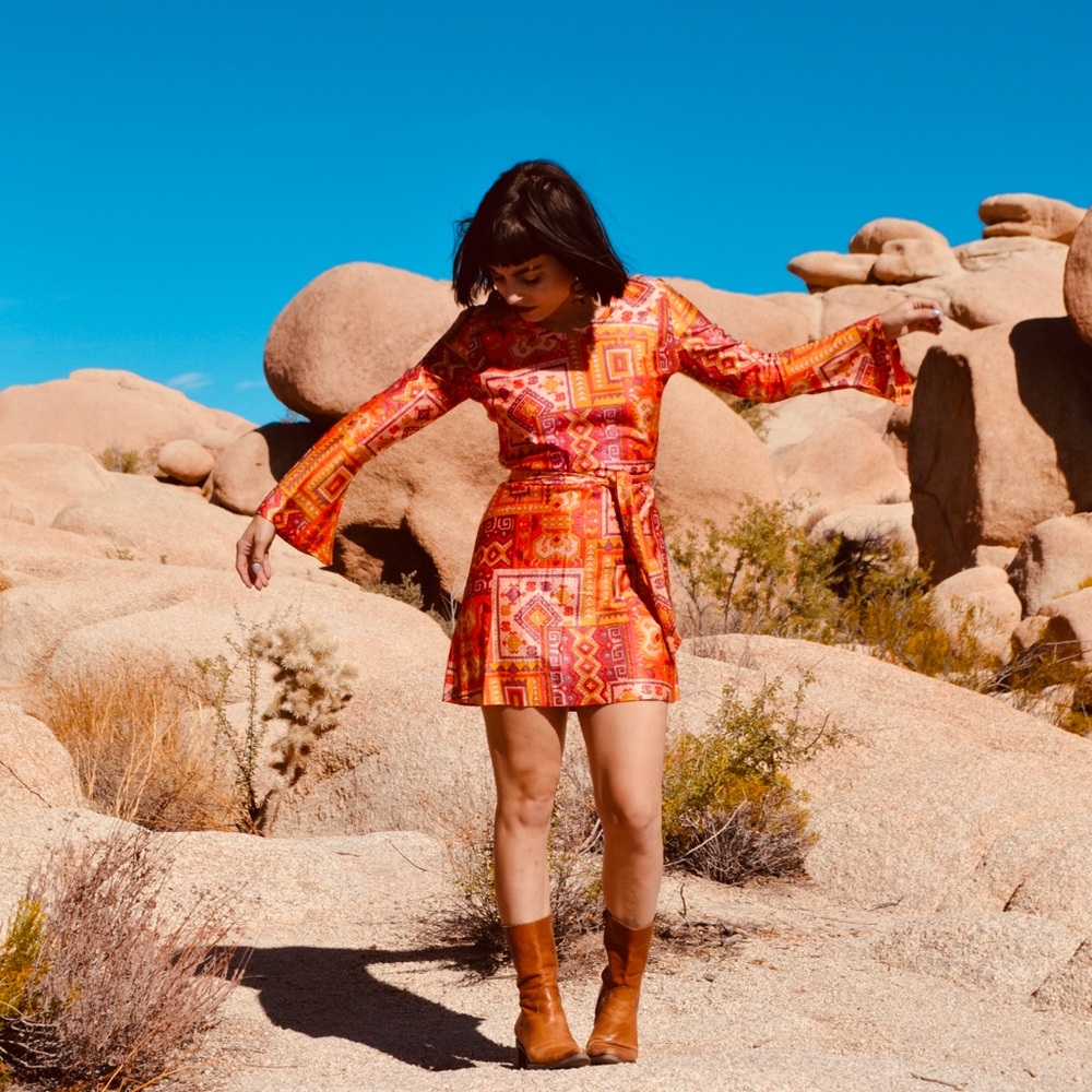 1970’s geometric minidress with bell sleeves