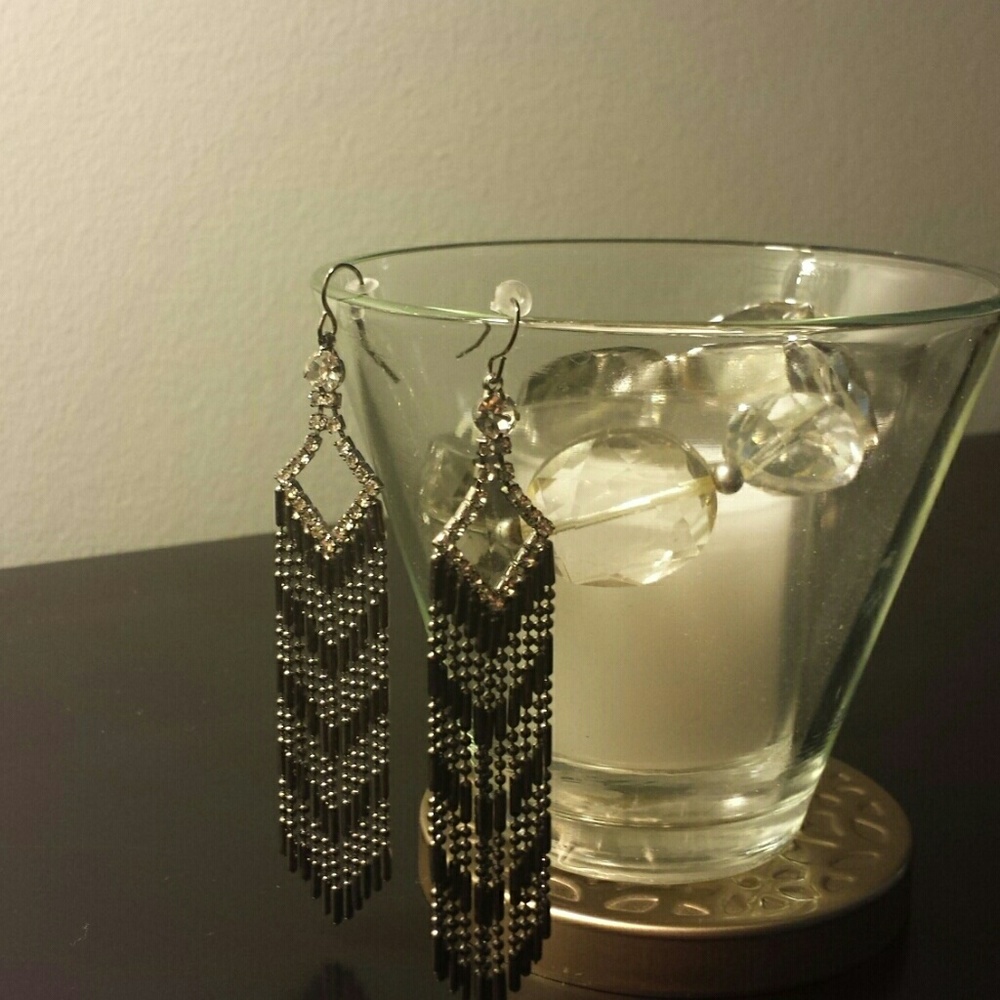 Rhinestone and hematite chandelier earrings, NWOT