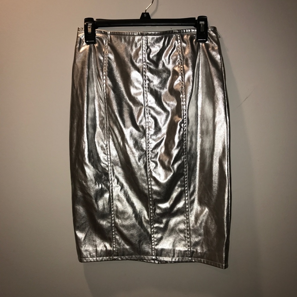JLo Faux Leather Bright Silver Pencil Skirt